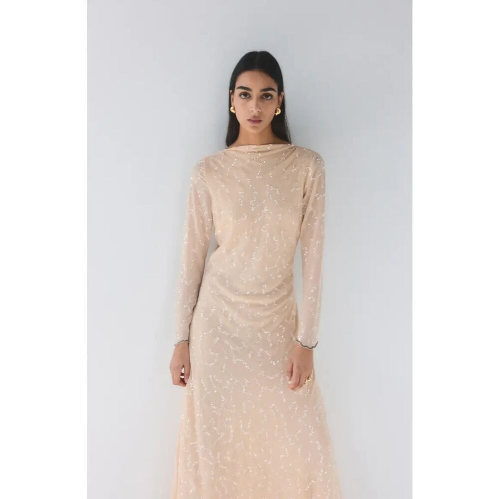 MNG Mango Long Sleeve Sequin Dress Deep V Back Bateau Neck Peach US 4 Altered
